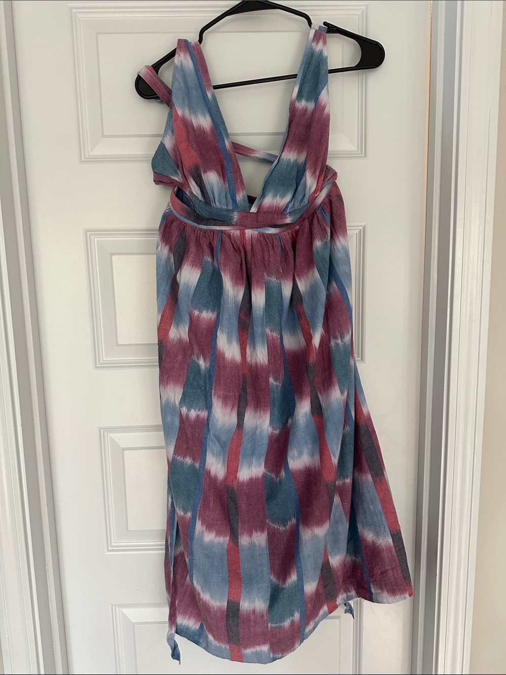 Anthropologie Blue and Burgundy Tie-Dye Deep V Midi Dress